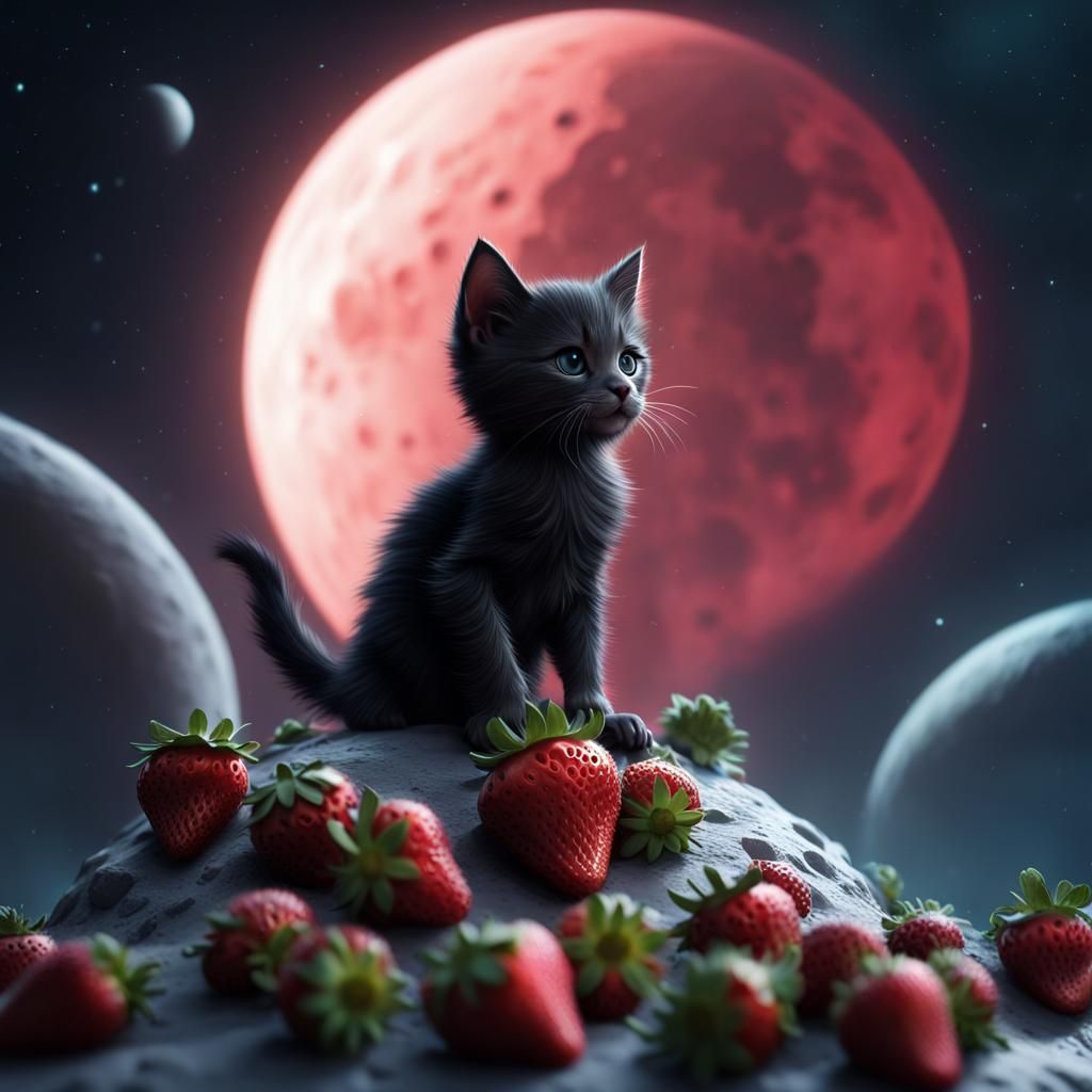 Strawberry Kitten on Moon: Detailed Matte Painting
