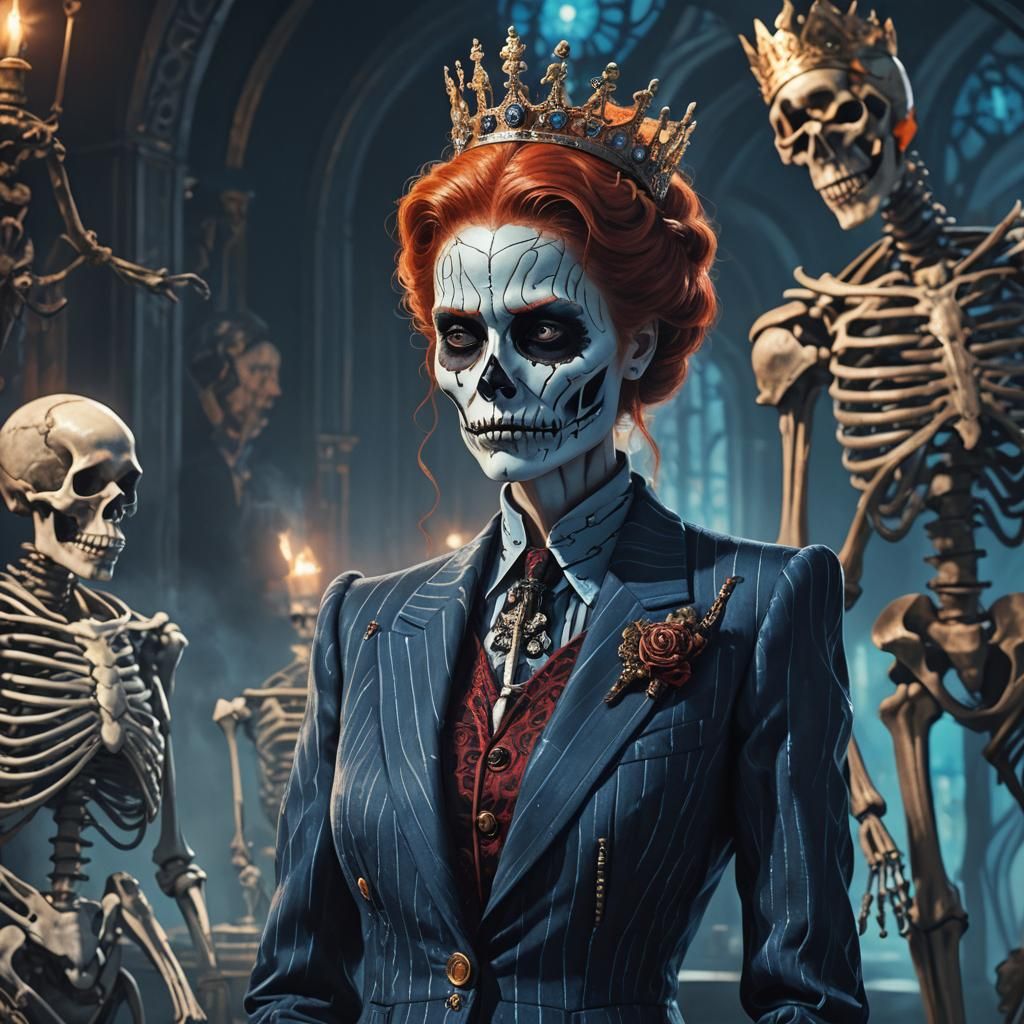 Queen and Skeleton in Vibrant Digital Matte Painting