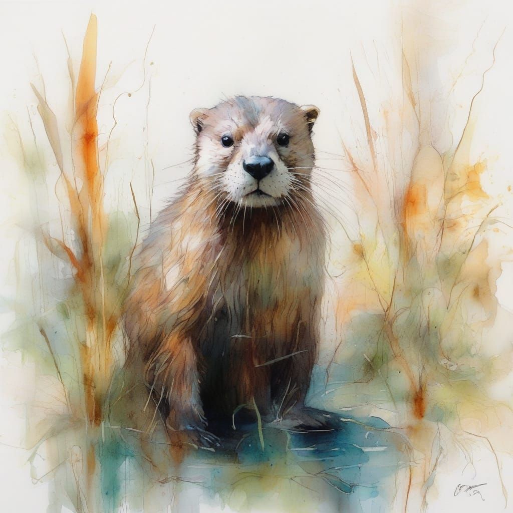 Ethereal Otter in Tranquil Marshland Pond, Watercolour Illus...