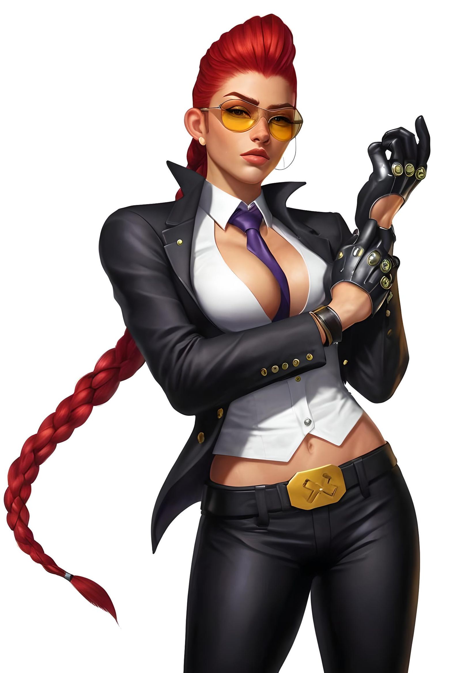 Hyperrealistic Woman in Black Suit with Red Hair