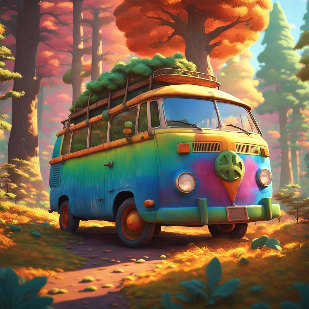 Giant Colorful Hippie Van in Sunny Forest, 3D Art