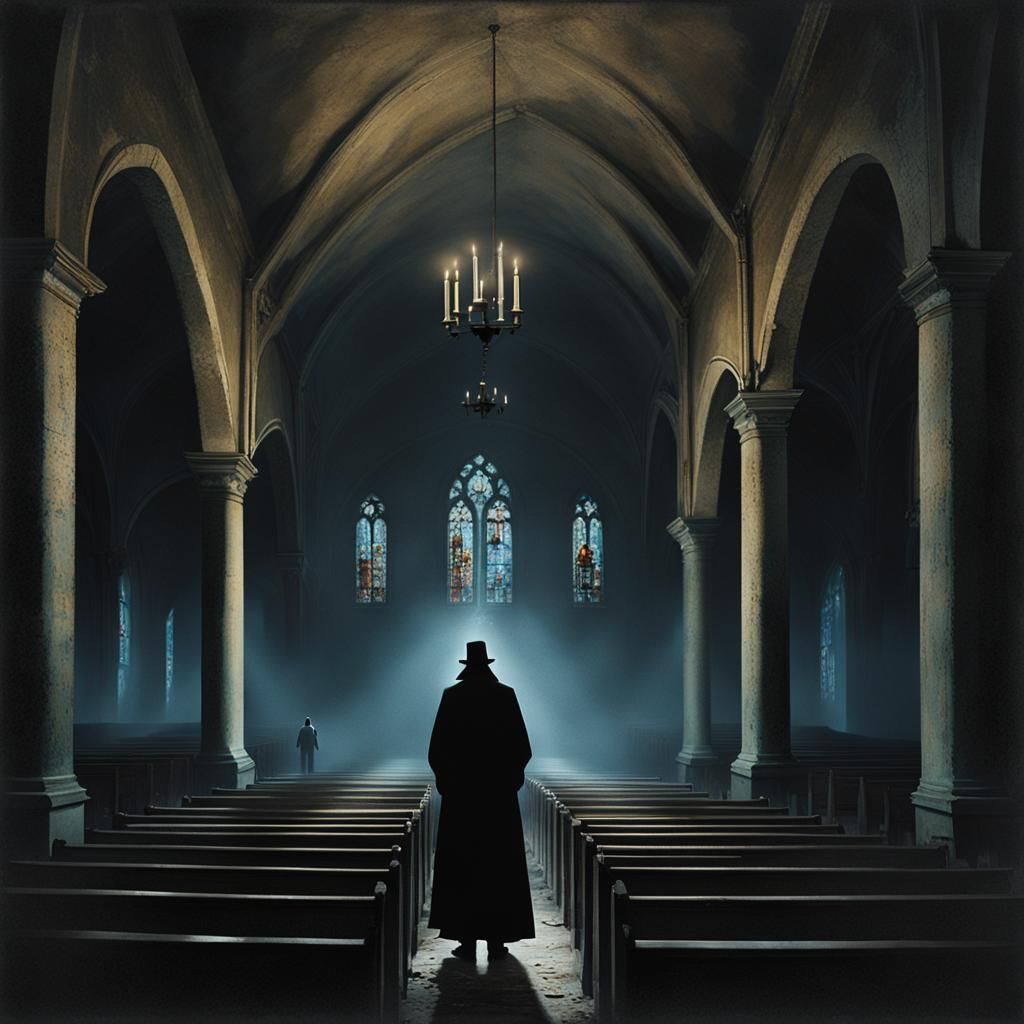 Mysterious Figure in Abandoned Church: Dark Fantasy Oil Pain...