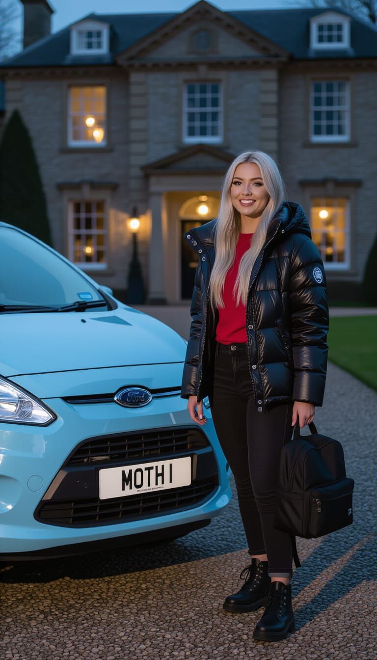 Tired Woman Beside Ford Ka at English Country Mansion at Nig...