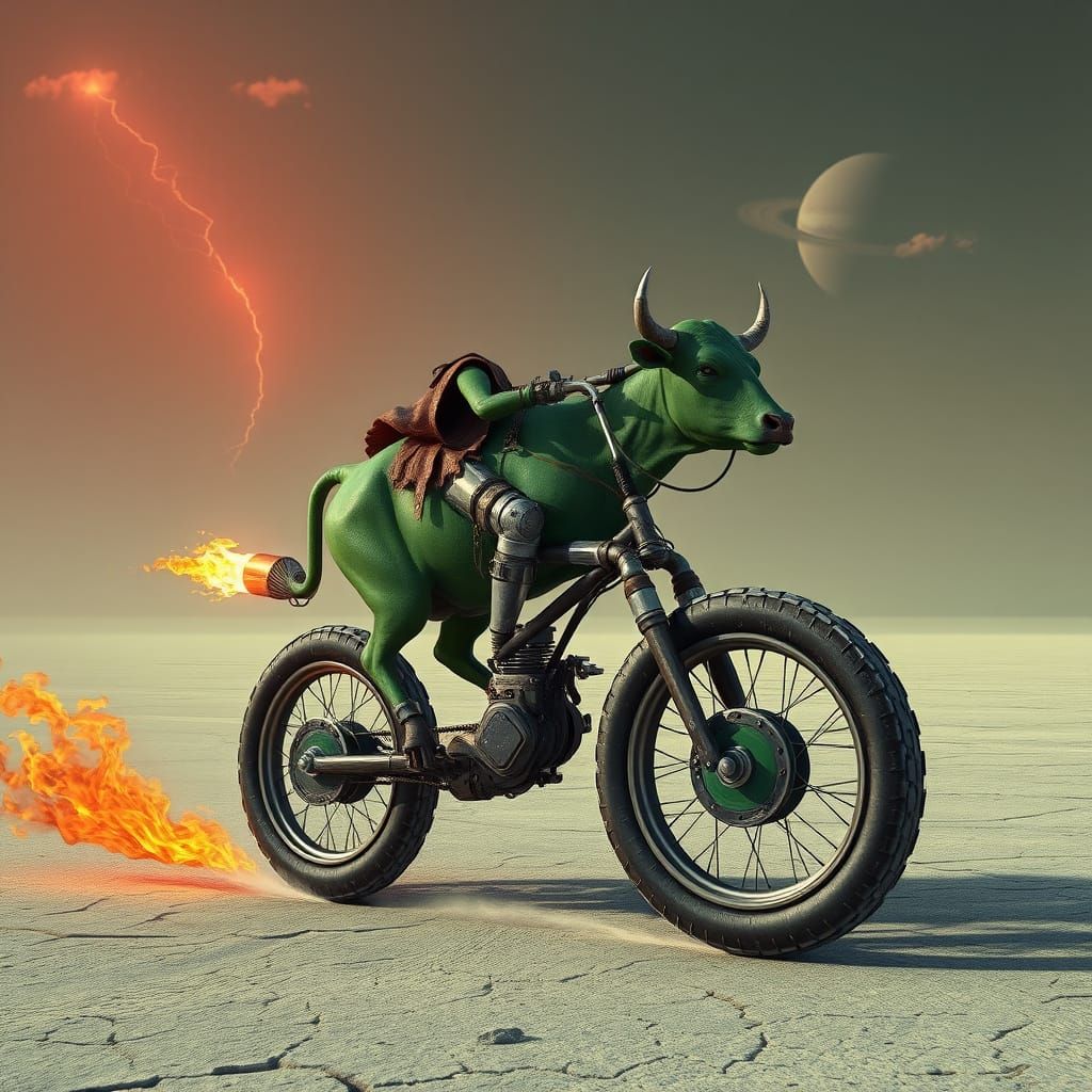 Cybernetic Undead Cow Rides Green Jet Unicycle