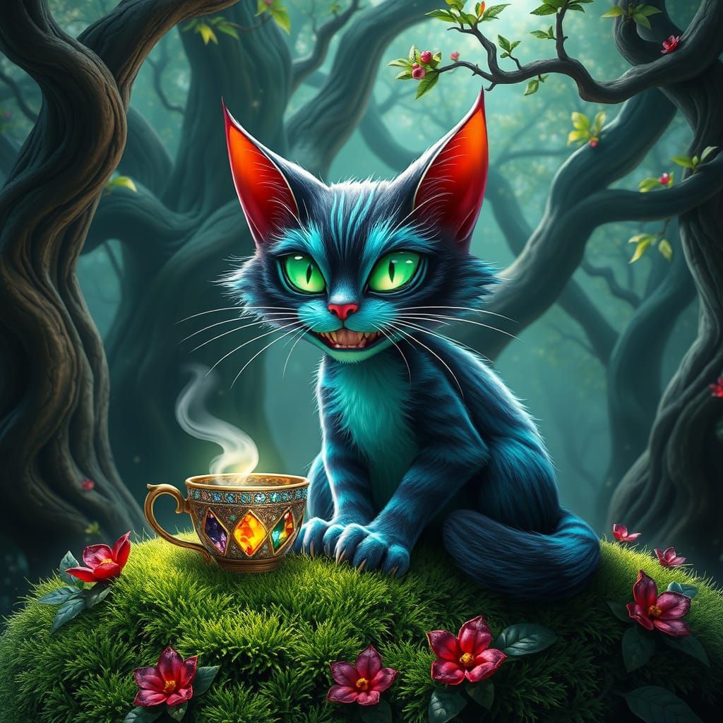 Enchanted Cheshire Cat in Lush Forest Landscape