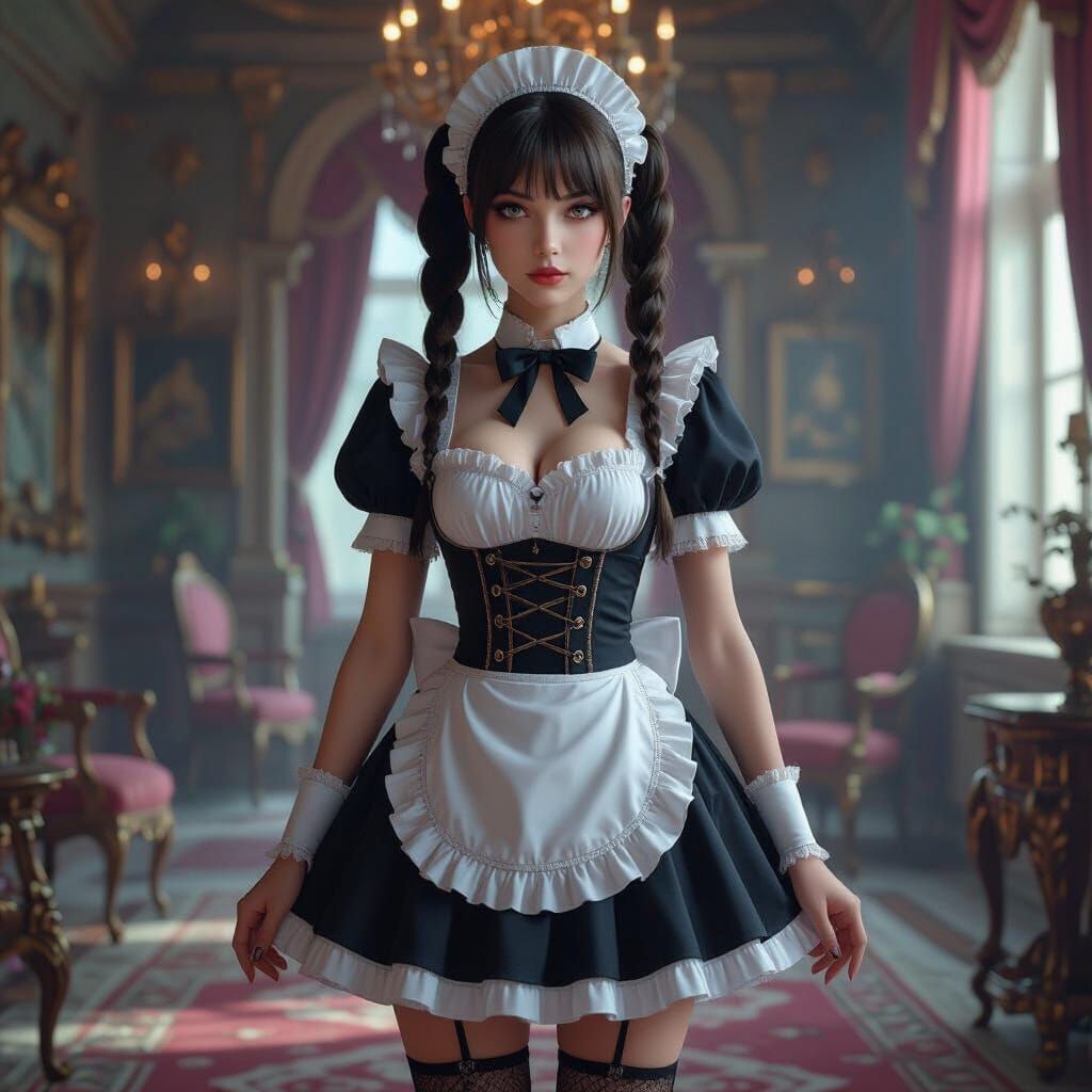Elegant Maid in Lavish Chamber: Hyperrealistic Digital Art