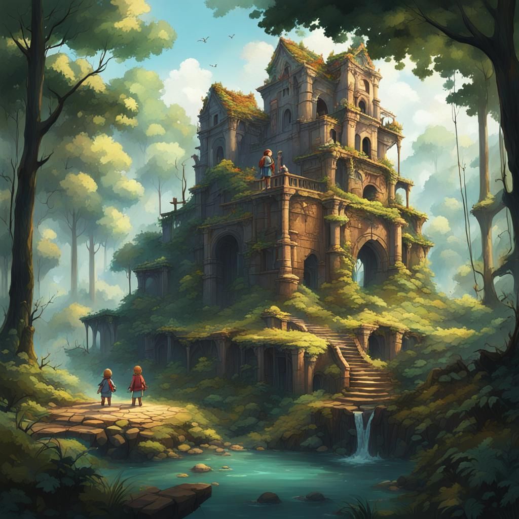 Hyperdetailed Sibling Adventure Through Forests and Ruins
