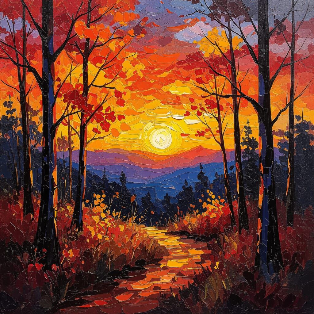 Impasto Autumn Sunset Over Vibrant Woods