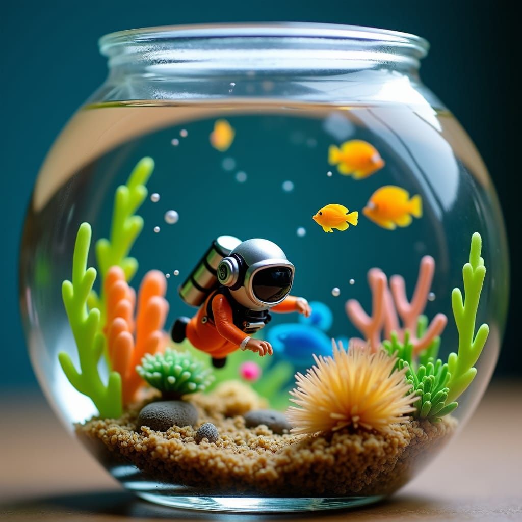 Micro Scuba Diver in Tropical Fishbowl