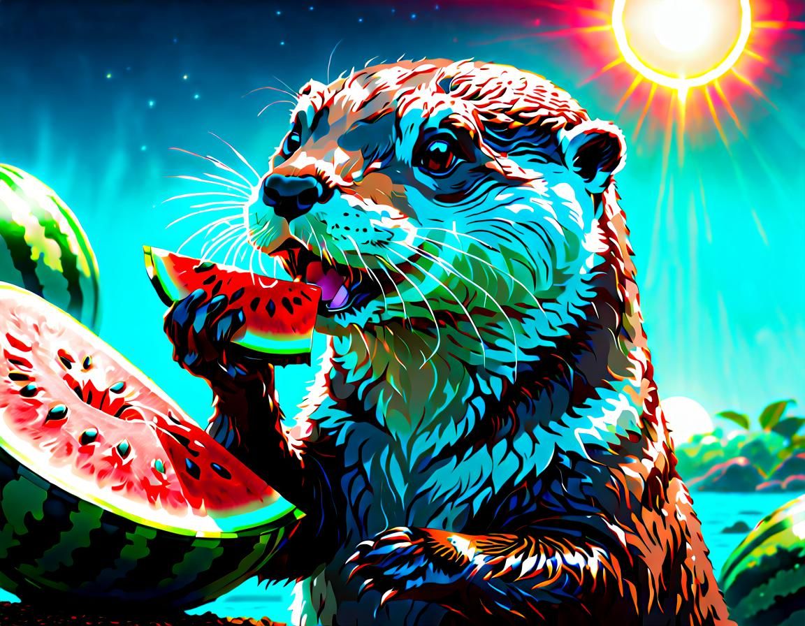 Sci-Fi Otter Enjoys Watermelon Snack