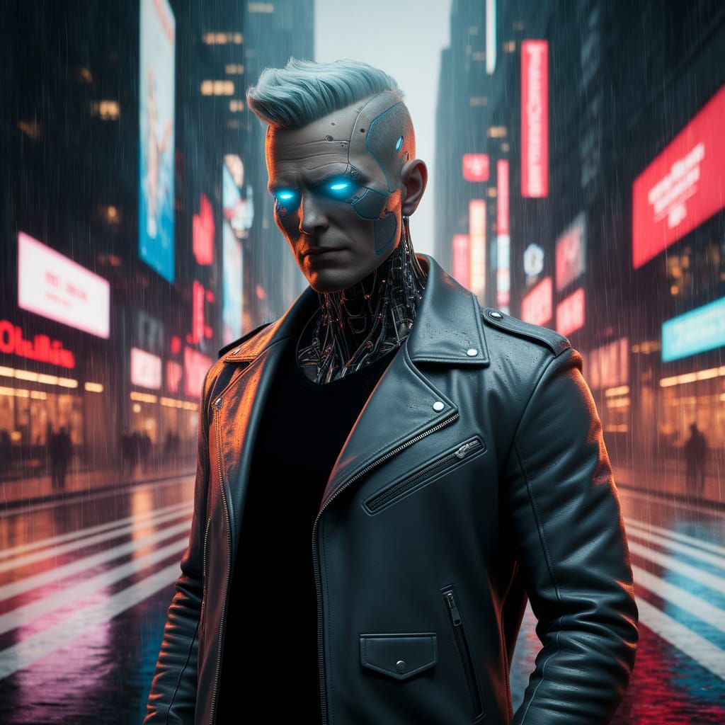 Smug Android in Neon-Lit Cyberpunk Cityscape