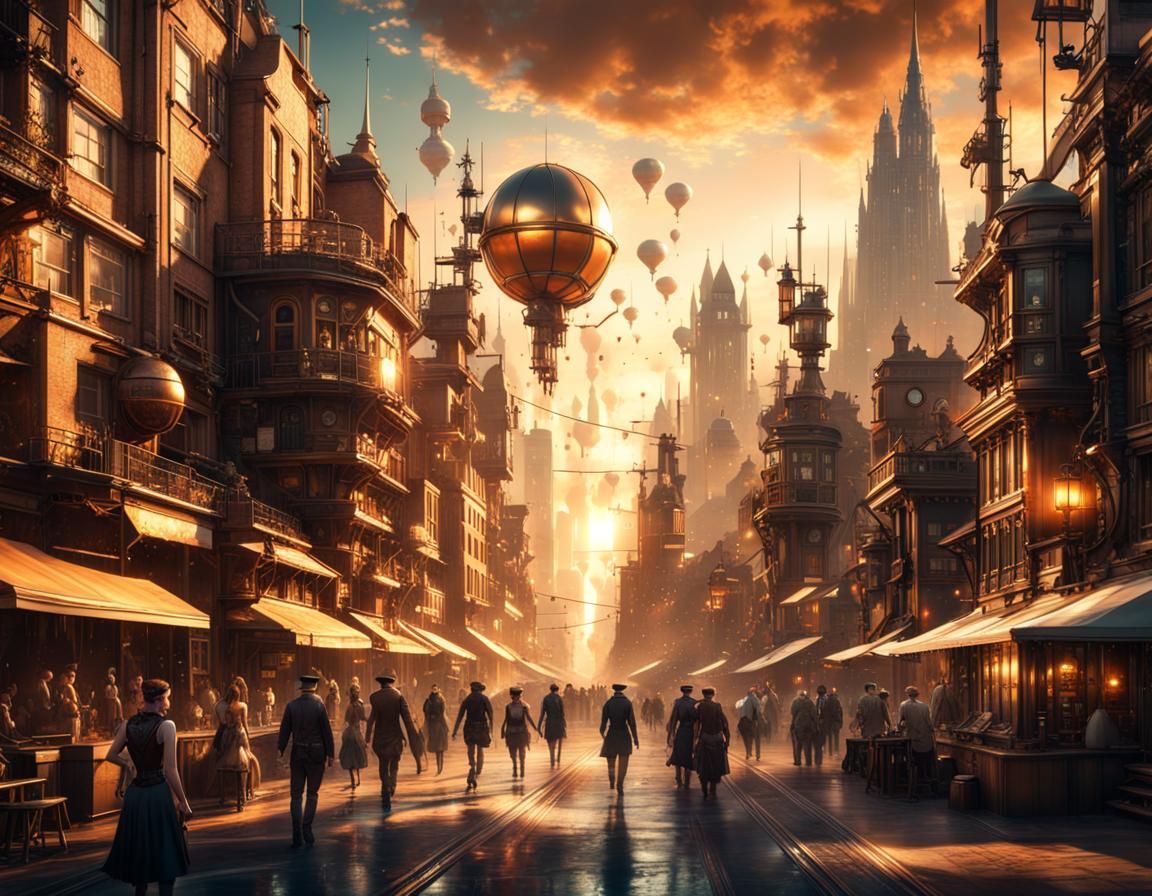 Steampunk Cityscape at Golden Hour: A Detailed Painting