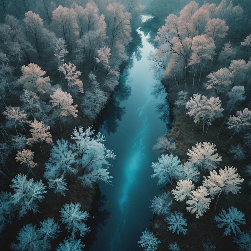 Bioluminescent River Flows Through Misty Forest