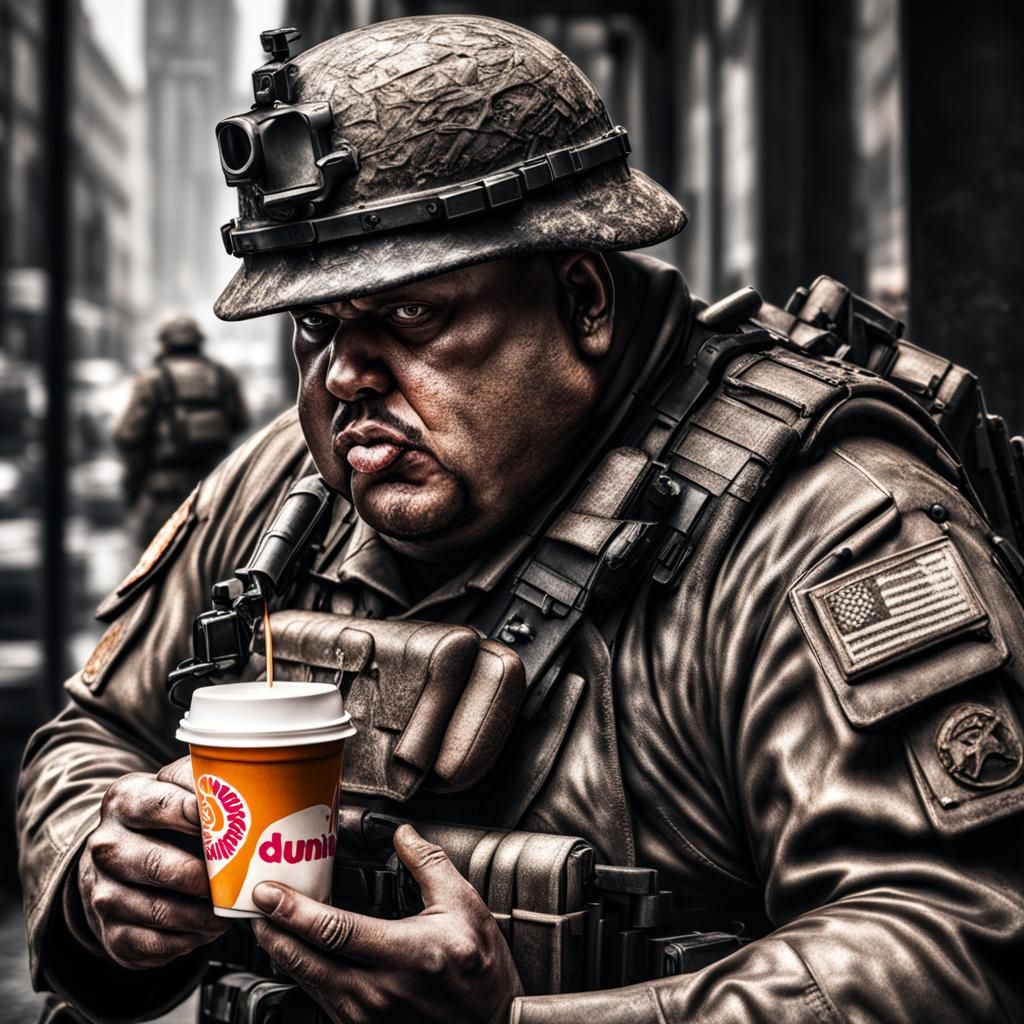 Hyperrealistic Image of Overweight Soldier Eating Donut