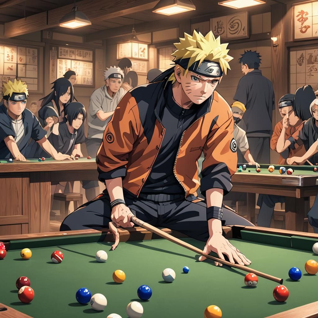 Naruto Playing Pool in Cel-Shaded Anime Style