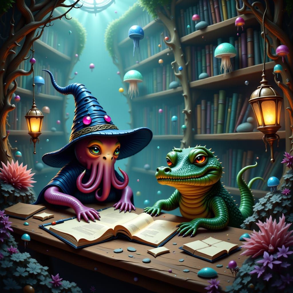 Underwater Wizard Classroom with Octopus and Crocodile