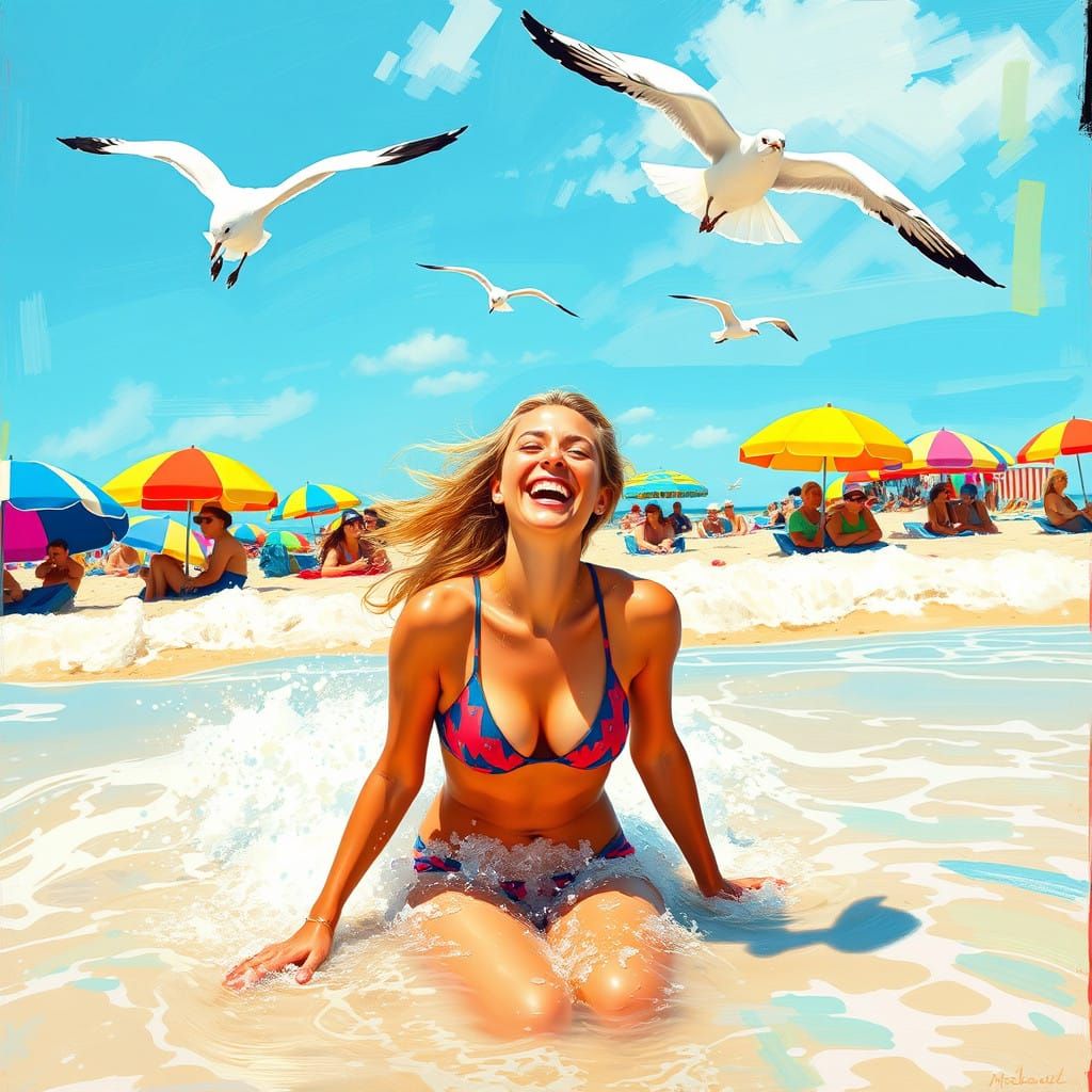 Laughing Woman Plays in Waves: Playful Beach Scene