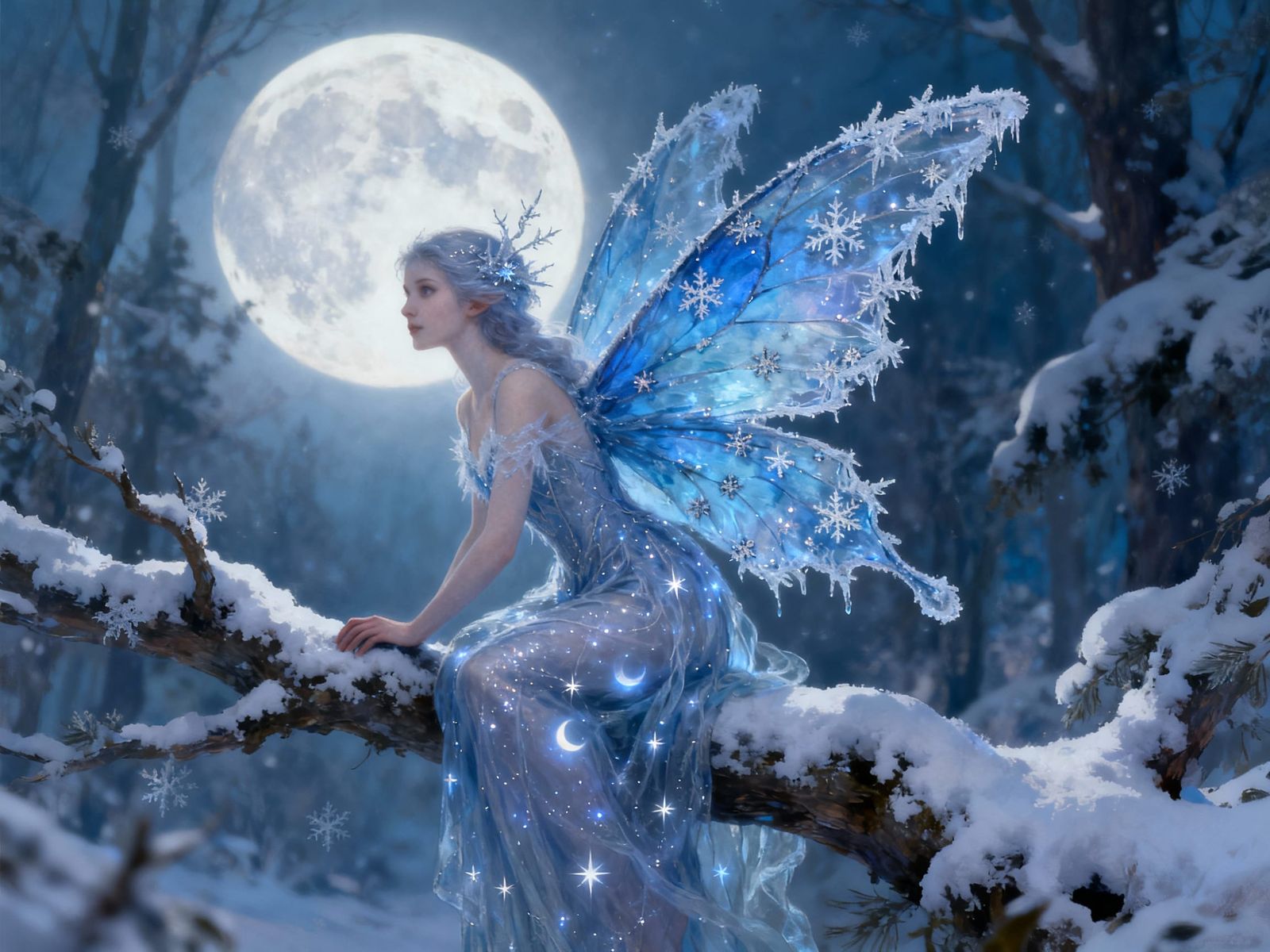 Winter Fairy in Moonlit Forest