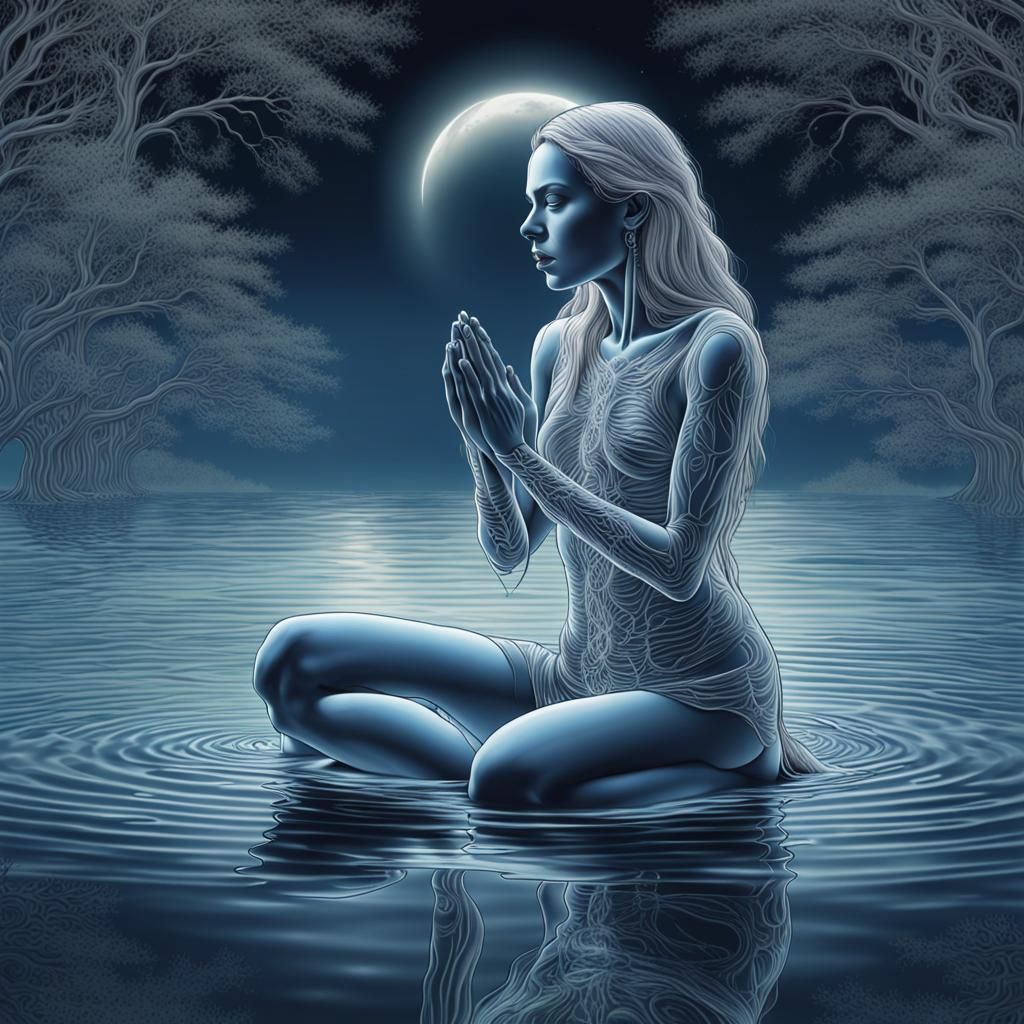 Moonlit Woman Praying: X-Ray Art Style