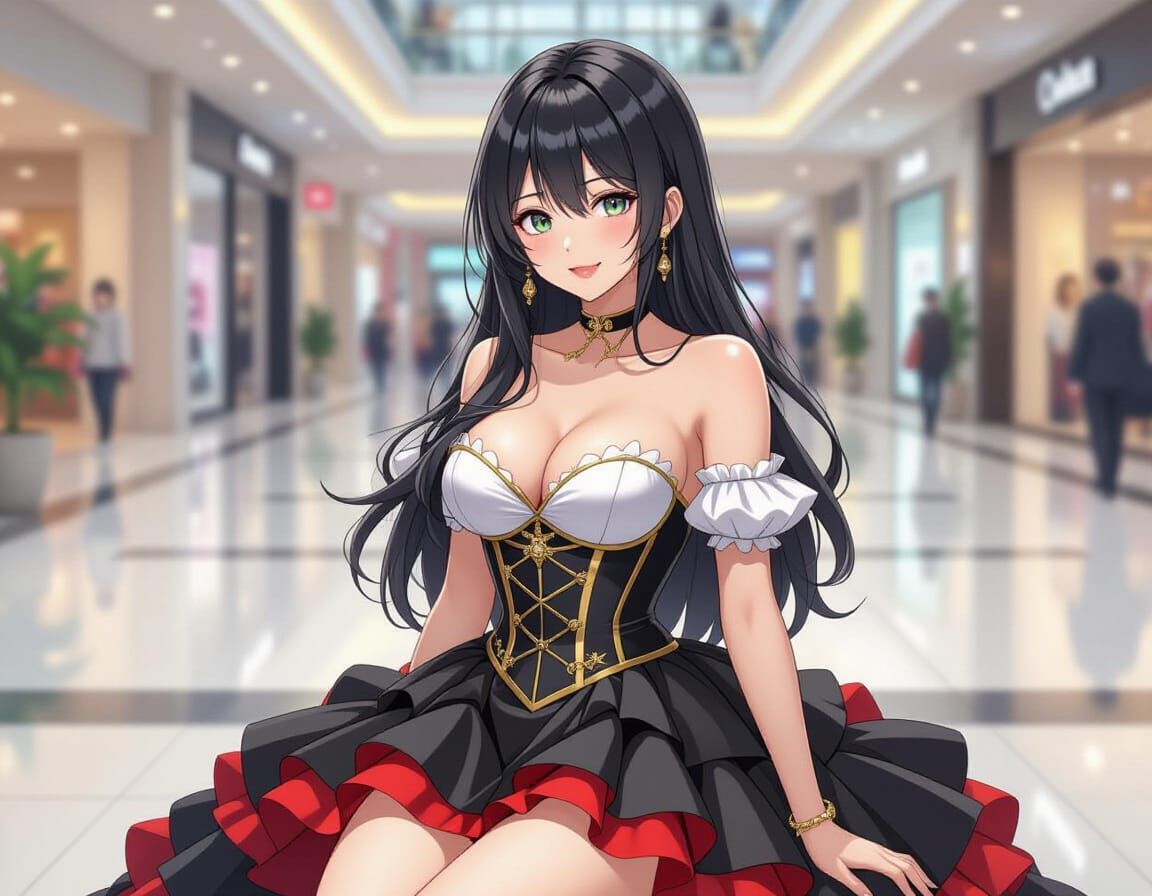 Ecchi Anime Woman in Mall with Puffy Skirt