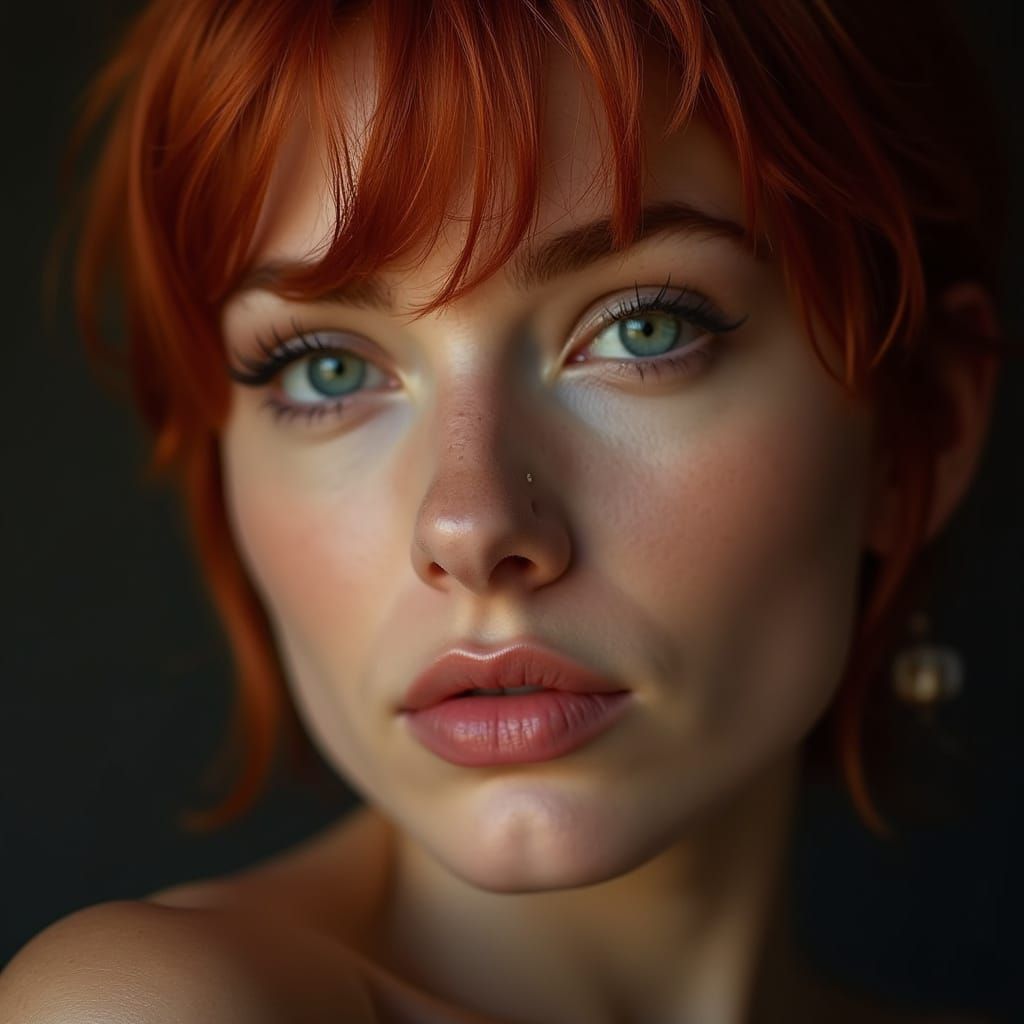 Photorealistic Portrait of Natural Beauty with Short Red Hai...