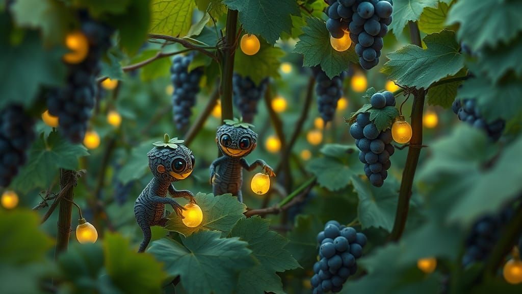 Whimsical Grape Creatures Tend Vines in Lush Vineyard