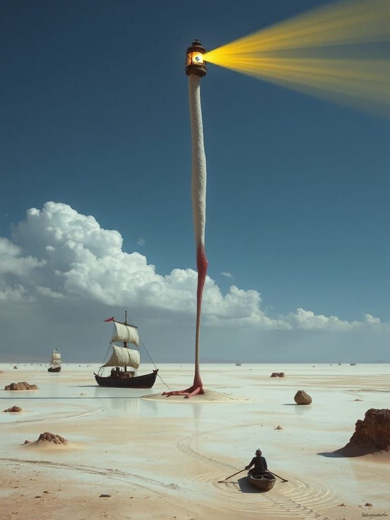Flamingo Leg Lighthouse in Surrealist Desert