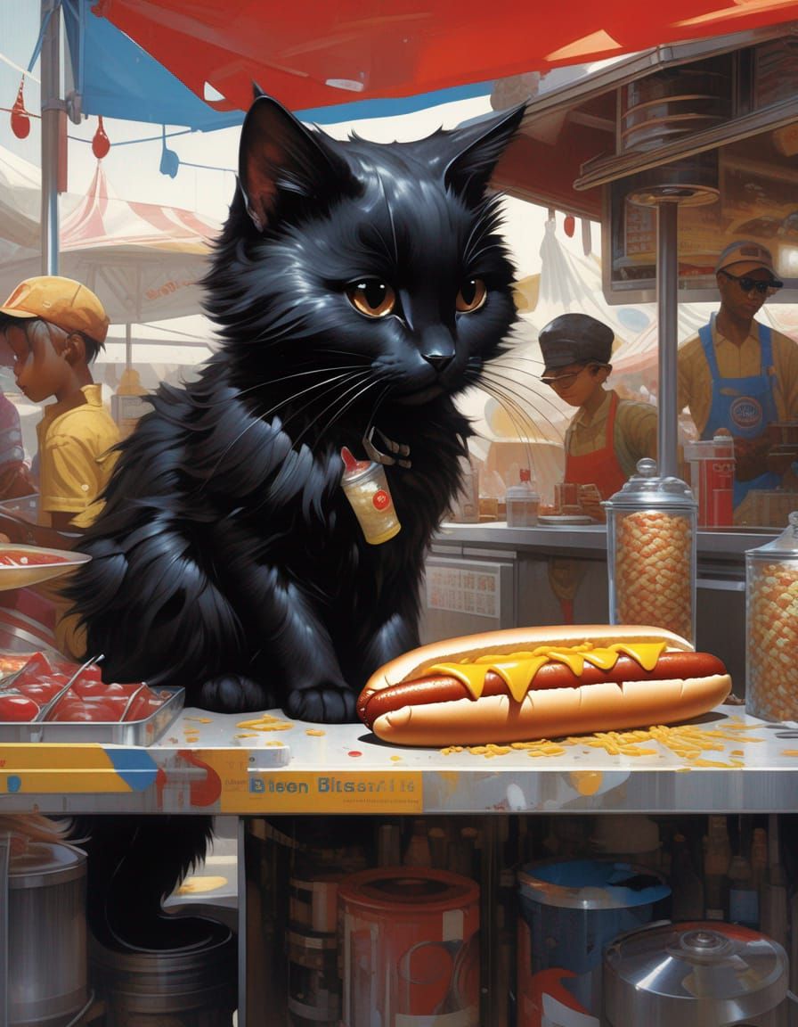 Adorable Anthro Cat Hot Dog Vendor, Detailed Digital Art