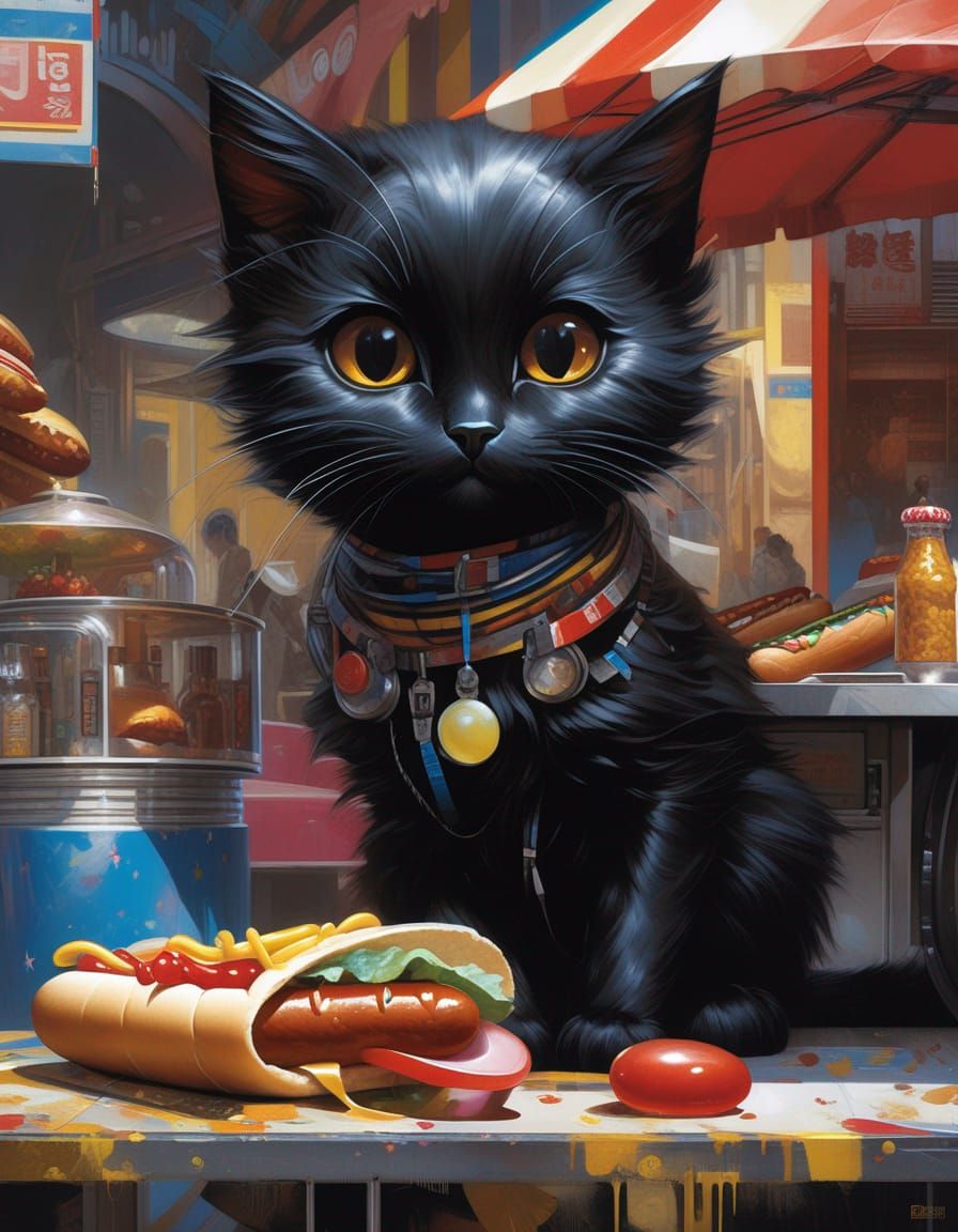 Adorable Anthro Cat Hot Dog Vendor: Detailed Digital Art