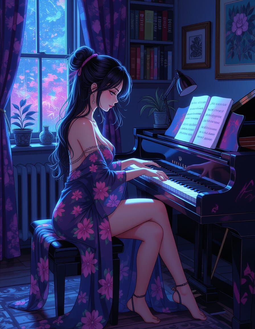 Autumn Lady at Piano: Holographic Dark Fantasy Digital Art