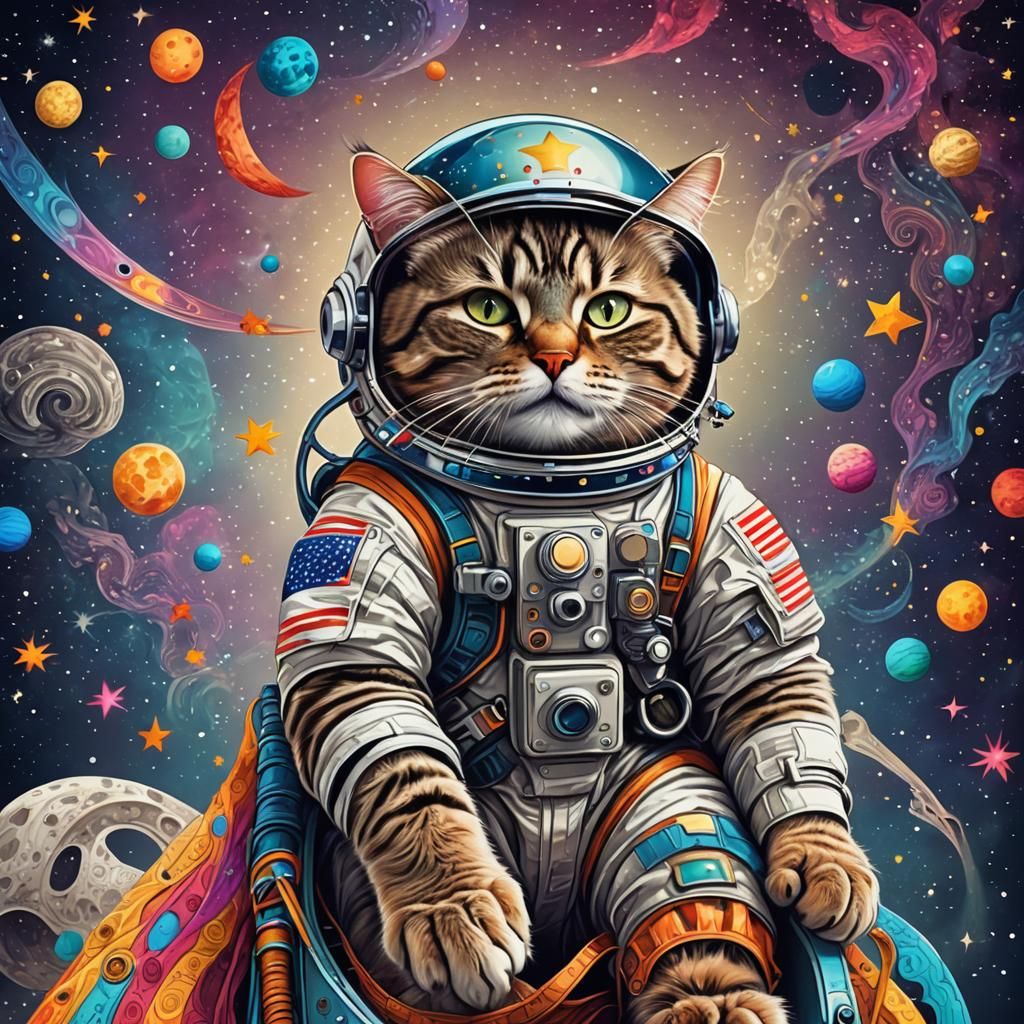 A cat wearing an astronaut's helmet riding on a rocket ship to the moon. Full of stars. Colourful. Vibrant. Realistic. a...