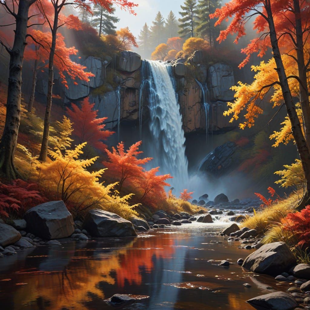 Autumn Waterfall in Vibrant Forest Gouache Painting