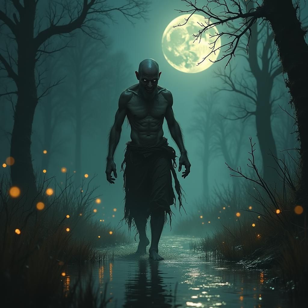 Gaunt Man Walks Swamp at Night in Surrealist Style