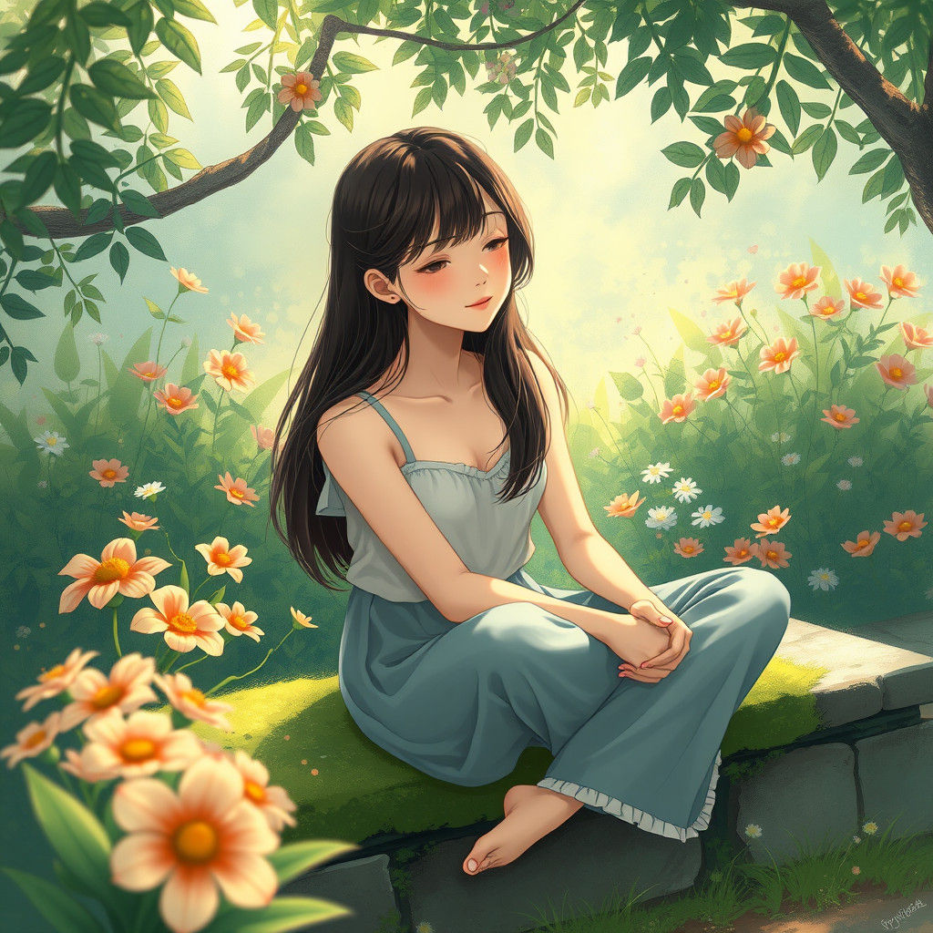 Serene Woman in Lush Garden, Fantasy Art