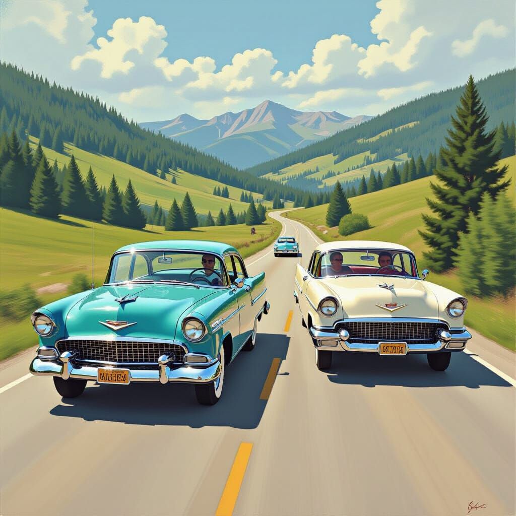 Nash Rambler and Cadillac Race on Country Road