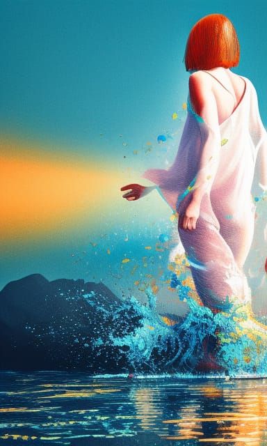 Woman Walking on Water: Hyperdetailed Gouache Art