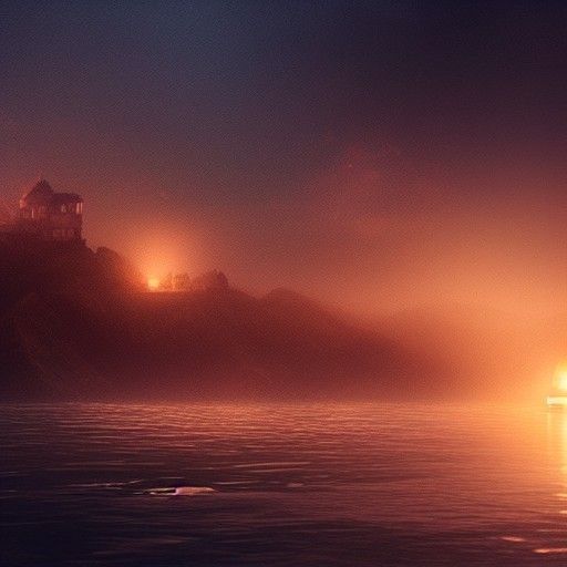 Glowing Lamp Illuminates a Misty Midnight Ocean