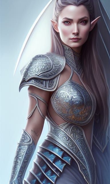 Armored Elf Warrior Portrait with Arabic Calligraphy