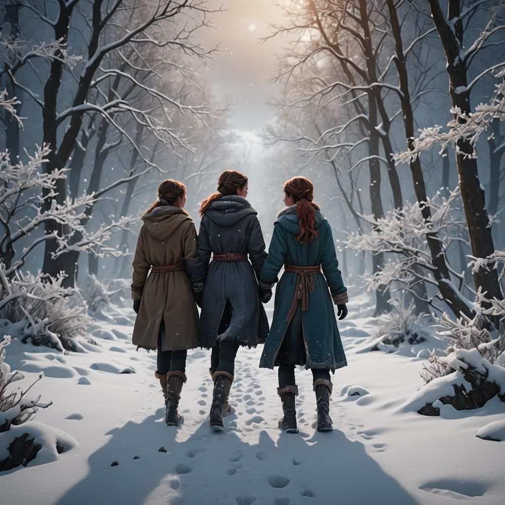 Girls Holding Hands in Snowy Fantasy Landscape