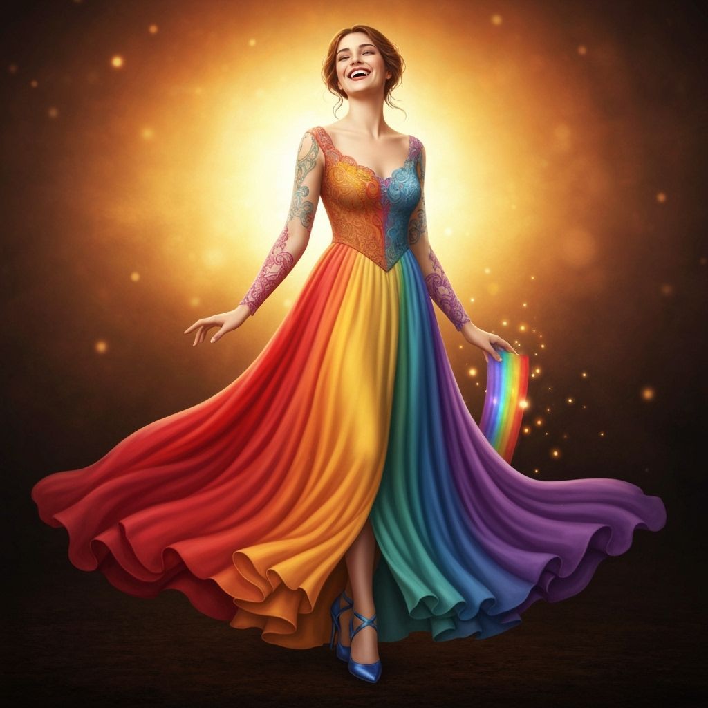 Joyful Woman in Rainbow Gown with Glowing Rainbow
