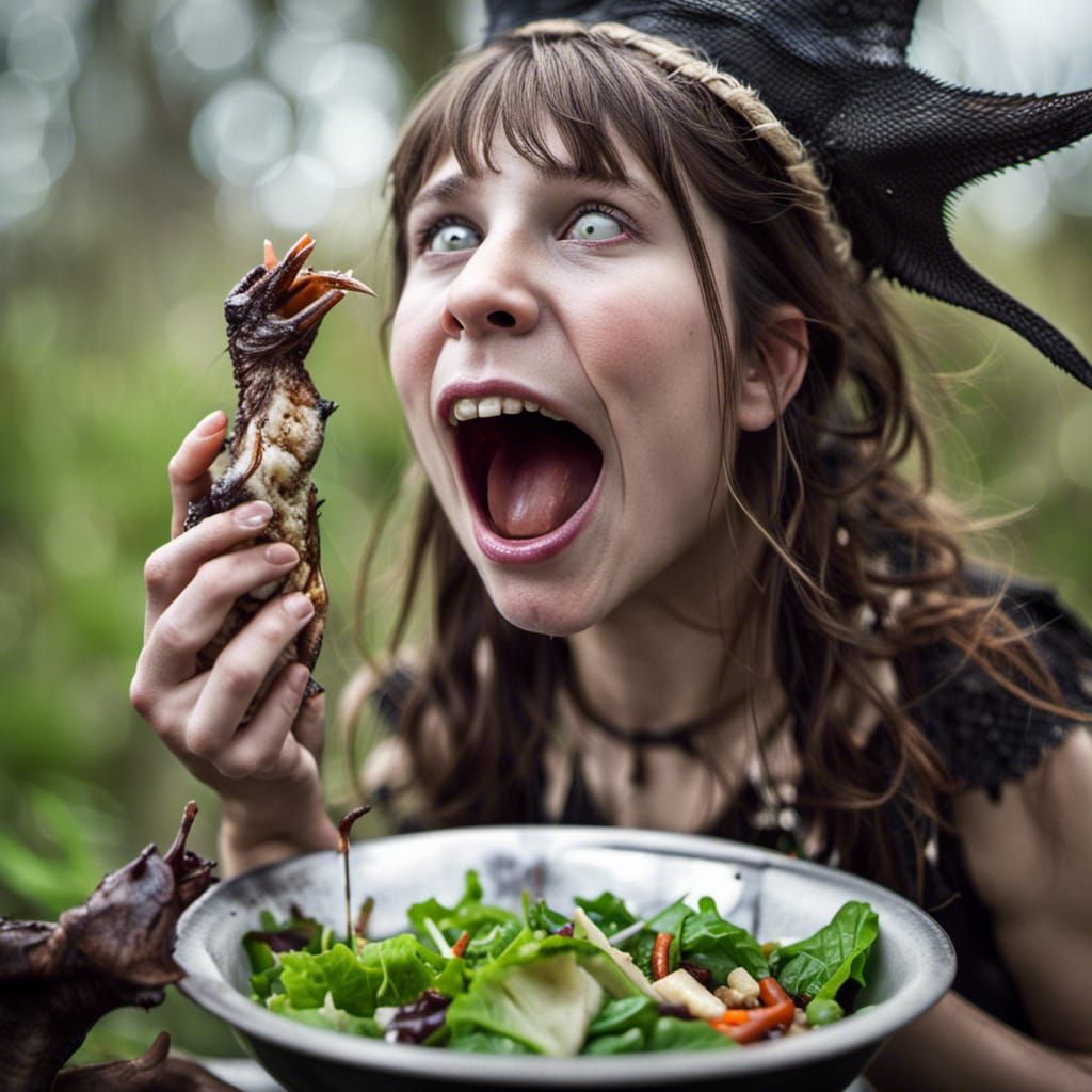 Young Witch Screaming While Eating Salad