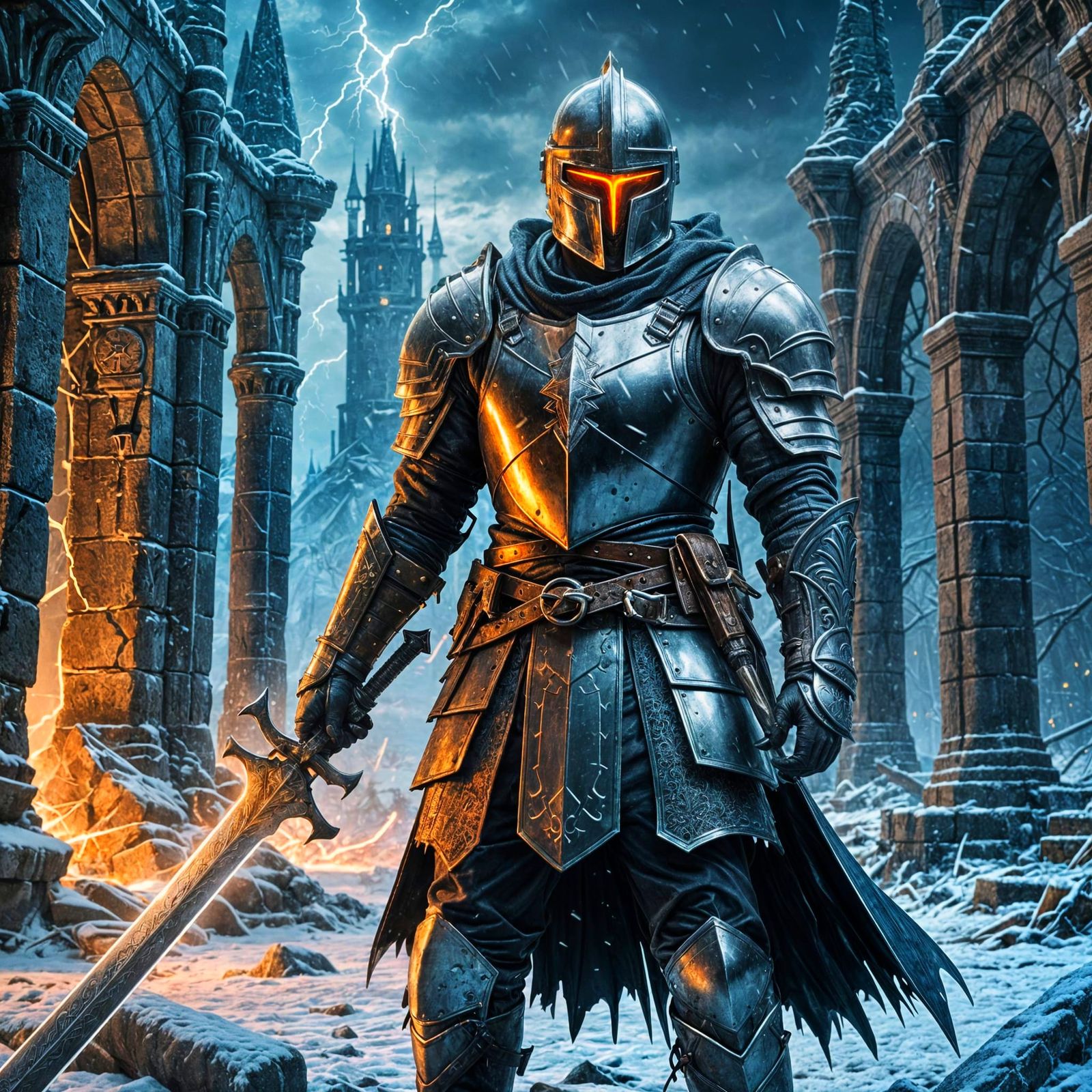 Knight with Sword in Frozen Ruins in 3D