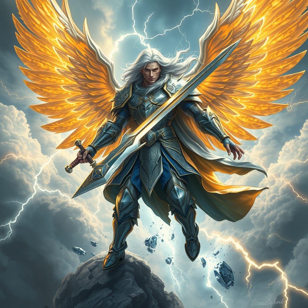 Warrior Descends from Celestial Realm in Turbulent Winds