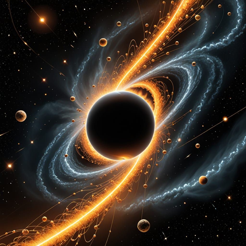 an endless row of diverse objects falling along spiral orbit...