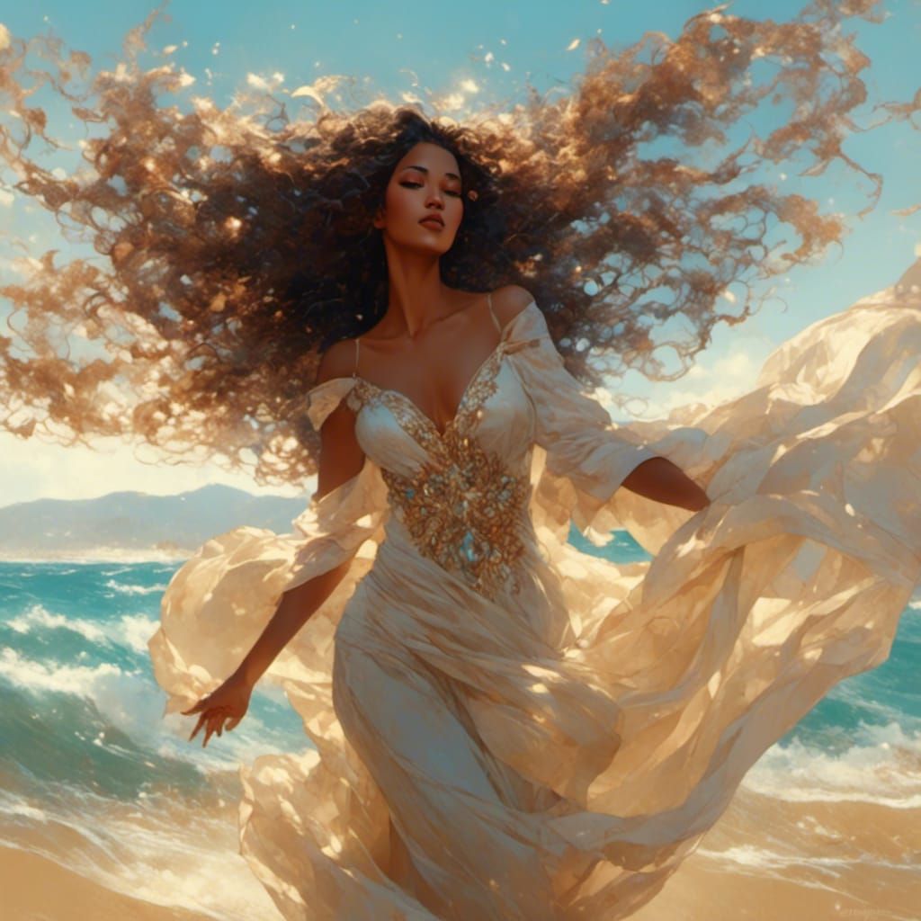 Sensual Woman Dancing on Beach in Fluid Style