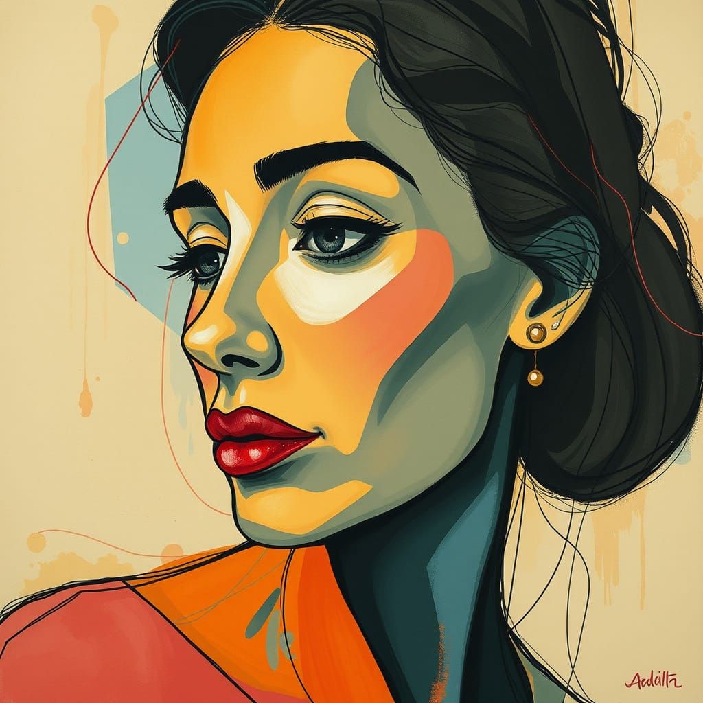 Abstract Woman Portrait in Pastel Line Art Style