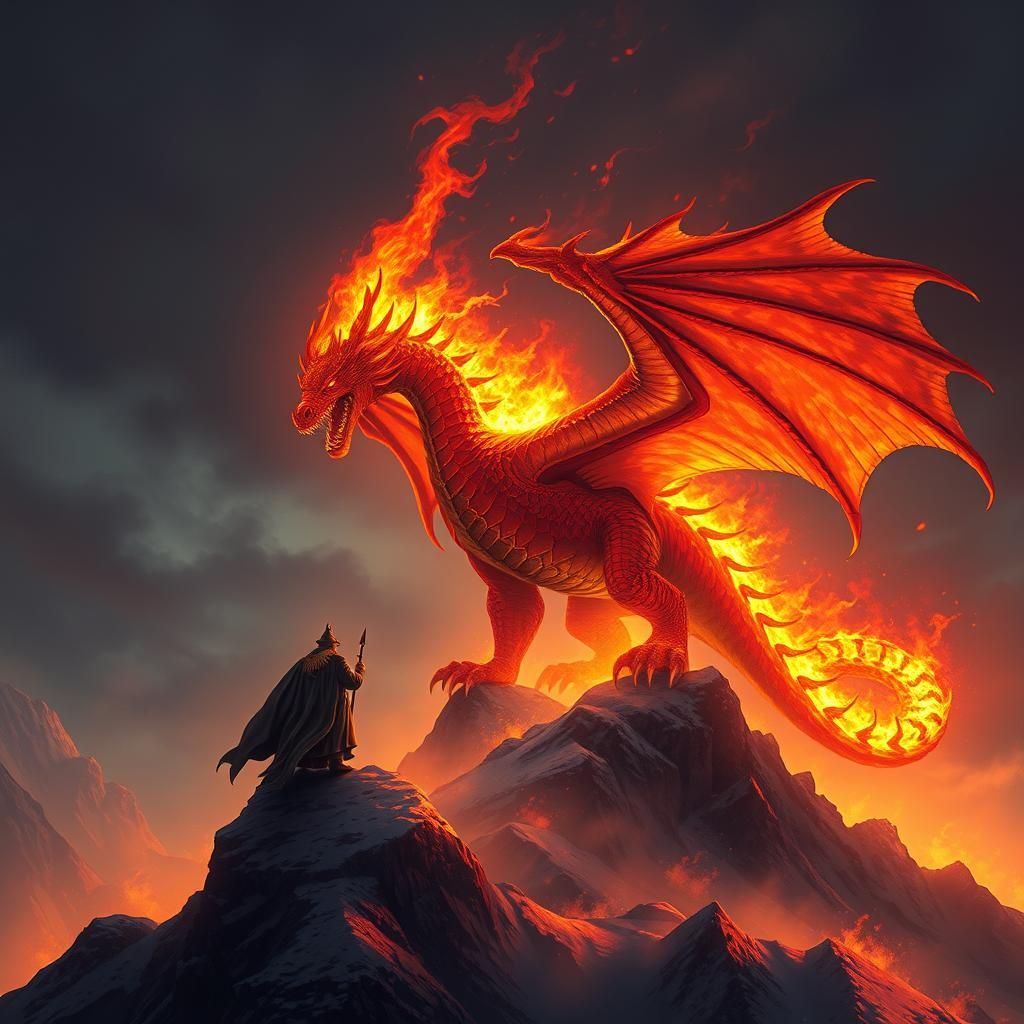 Majestic Fire Dragon and Master on Mountain