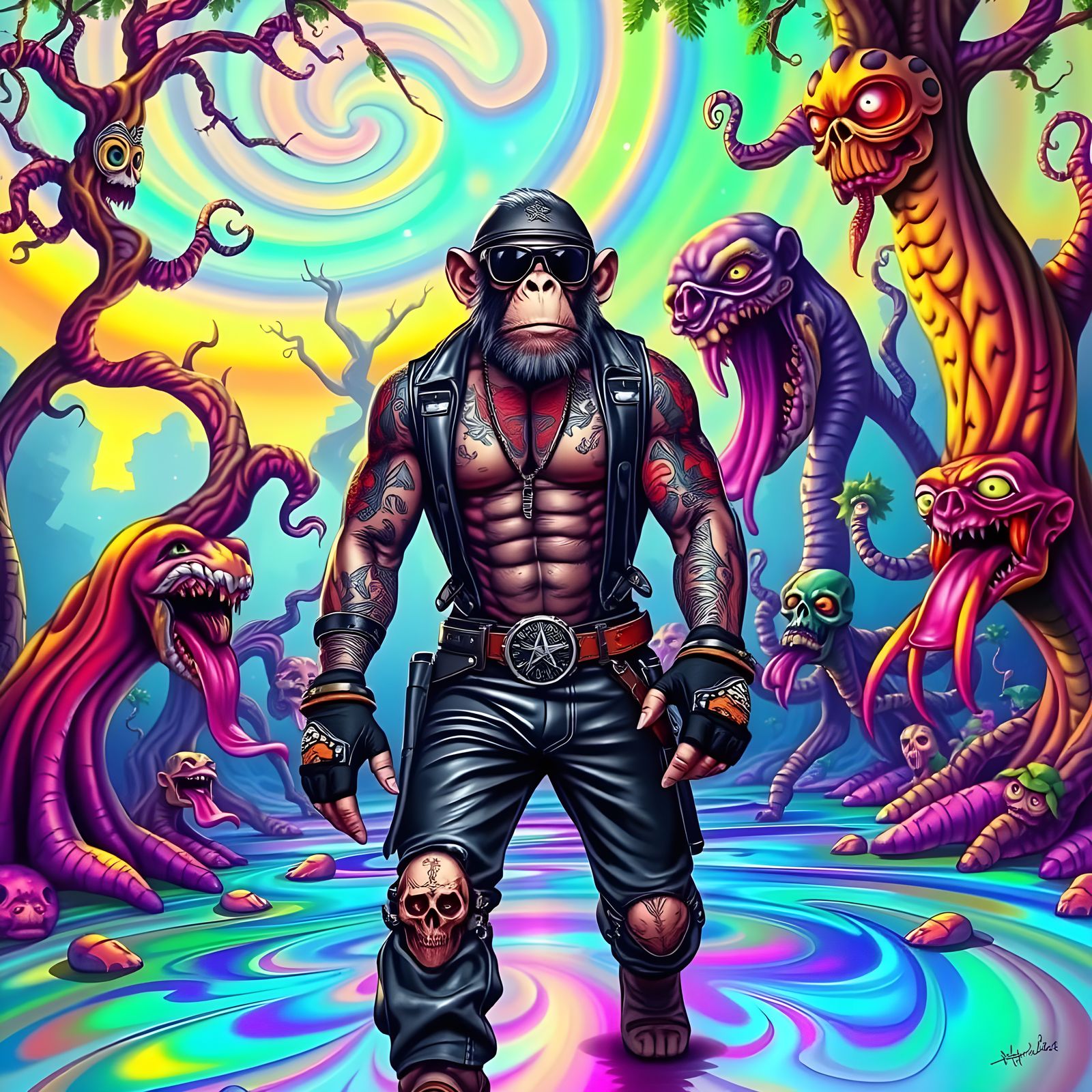 Monkey Biker in Psychedelic Dream Forest