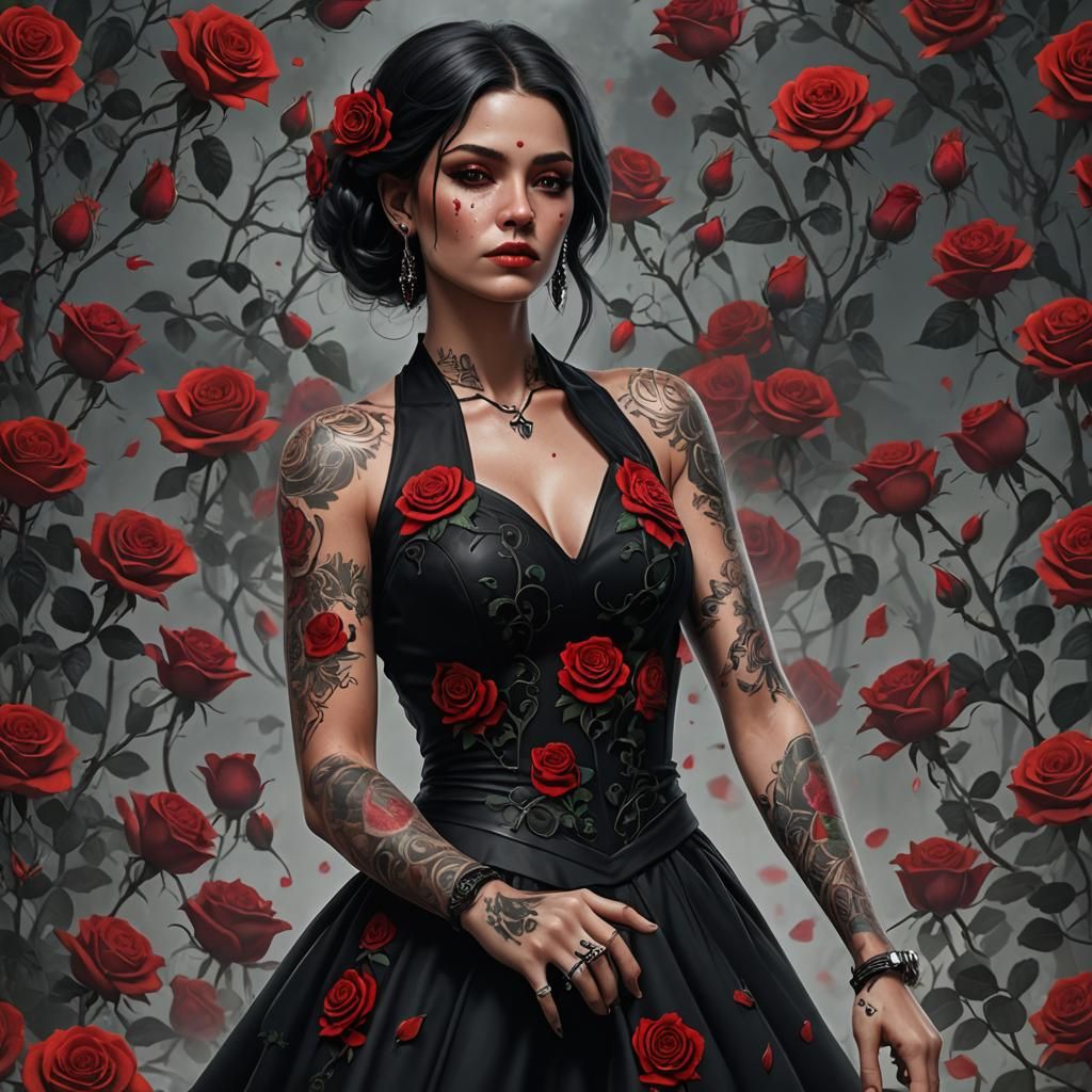 Woman with Black Rose Tattoos: Fantasy Art