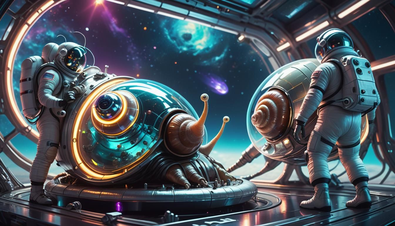 Cosmic Snail Spaceship Concept Art in Neon Sci-Fi Style